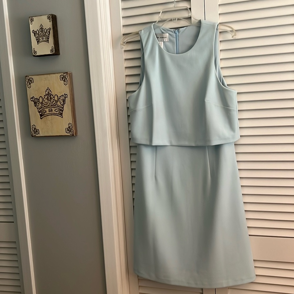 Donna Morgan sleeveless sea mist green dress.